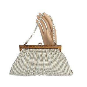 1950s Vintage Cream Beaded Metal Mesh Gold Framed Handbag By Whiting & Davis